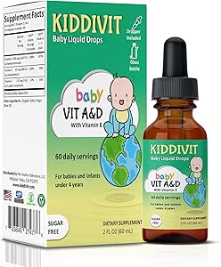 Kiddivit Baby Vitamin A & D flydende dråber med E-vitamin - genert immun- og Vision Support - 60 daglige servicer, Dropper inkluderet, Glaskolbe - Sukker fri, Gluten fri, Vegetarisk, 2oz