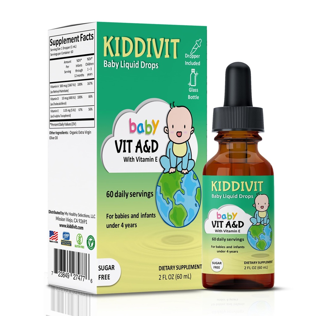 Kiddivit Baby Vitamin A & D flydende dråber med E-vitamin - genert immun- og Vision Support - 60 daglige servicer, Dropper inkluderet, Glaskolbe - Sukker fri, Gluten fri, Vegetarisk, 2oz