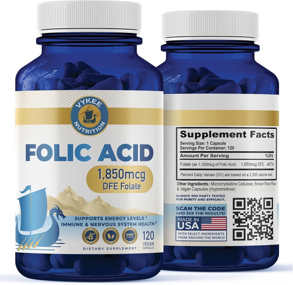 Folinsyre Supplement - Høj- potens Vitamin B9 1,870mg DFE Folate, 1,100mg Folinsyre