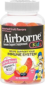 Airborne C-vitamin 500 mg (per servering) Kids Assorted Fruit Flavored Gummies (42 Tæl i en flaske), Glutenfri immunforsvar supplement med vitaminer A C E, Selen, Echinacea & Ingefær