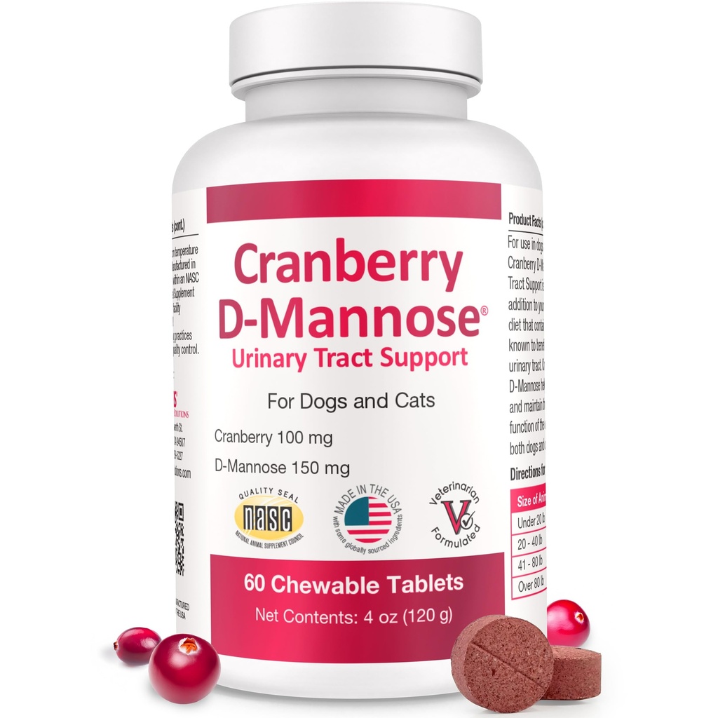 Cranberry D- Mannose Urinary Tract Supplement for hunde & katte - Bstige & UTI Health Support - Cranberry Extract, D- Mannose & Vitamin C- Promodes Urinary Wellness & Nyre Function - 60 tyggetabletter