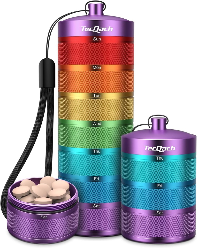 Metal Travel Pill Organizer, Vandtæt Ugentlig Pill Box, Stor Aluminium Alloy Portable Pill Case Container, BPA Gratis 7 dag Daglig medicin Organizer Holder for Vitamin, tillæg, Fiskeolie (7 farve)