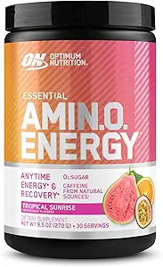 Optimum Nutrition New Flavor Amino Energy - Pre Workout med grøn te, BCAA, Aminosyrer, Keto Friendly, Green Coffee Extract, Energy Powder - Tropical Sunrise, 30 Servere (Packaging May Vary)