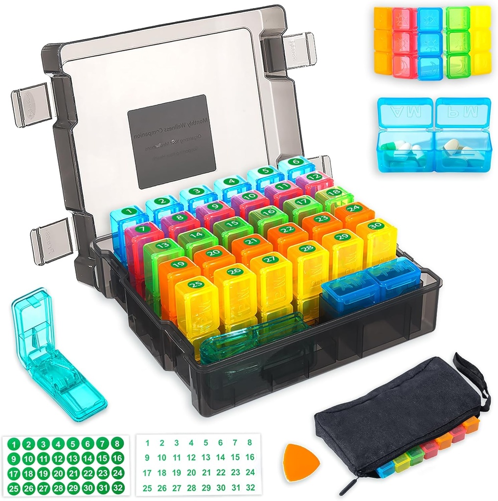 Månedlig Pill Organizer 2 gange en dag med 31- Day Fugtsikkert Box, Ugentlig Pill Bag, Pill Cutter, Plastic Åbning Pick for Easy Use, Stor kapacitet til Praktisk Medicin Management (sort)