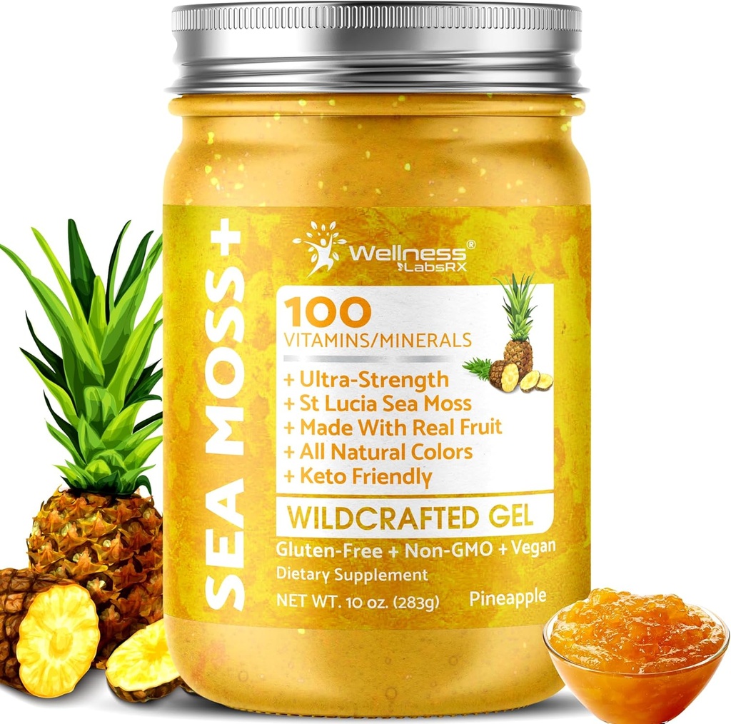 WELLENess LALSRX Irish Sea Moss Gel Raw - Fremstillede Superfood Seamoss Gel - Ananas Arv, Vitamin og Mineral- Rich fra Pristine Caribbean Waters, Immun og fordøjelsessygdomme support - 10 oz.