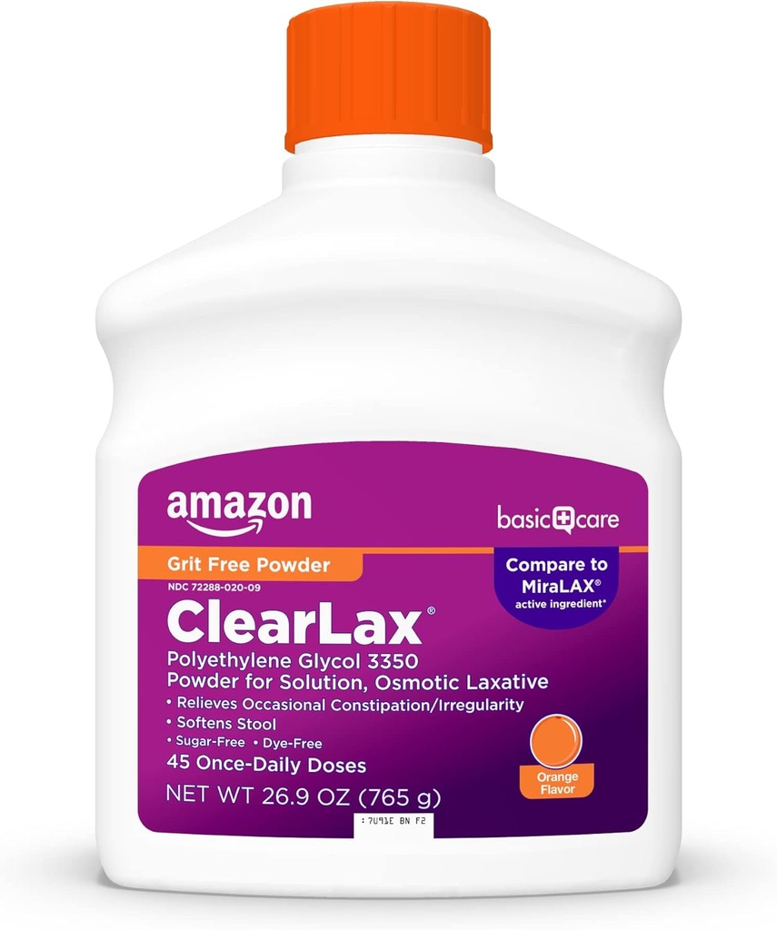 Basic Care ClearLax, Laxative Powder for Gentle Constipation Relief, Softens Afføring, Polyethylen Glycol 3350, Orange Flavor, 1,68 pund (pakke med 1)