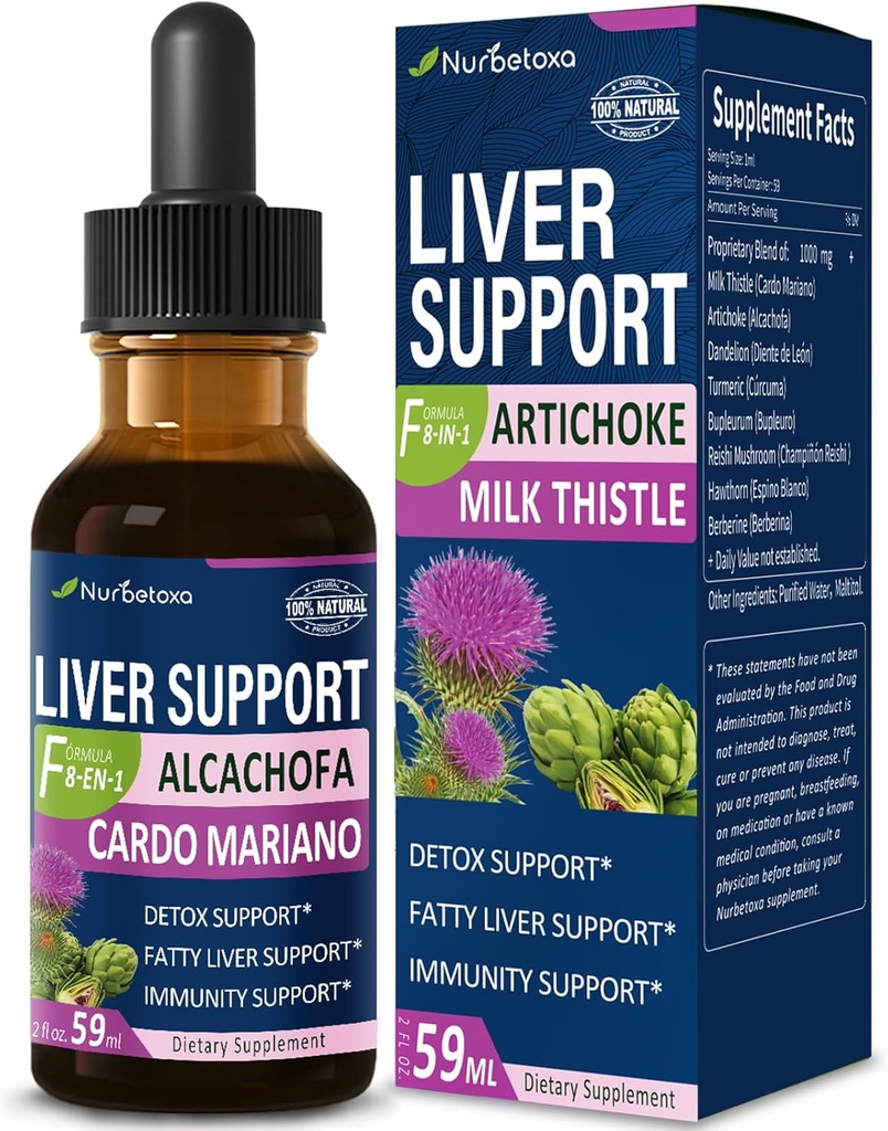 Mælk Thistle & Artichoke Extract Lever Support Drops til fede lever, Alcachofa, Curcuma y Cardo Mariano para el Higado Graso, Berberina para Bajar de Peso, lever Detox & Repair Formula.2oz