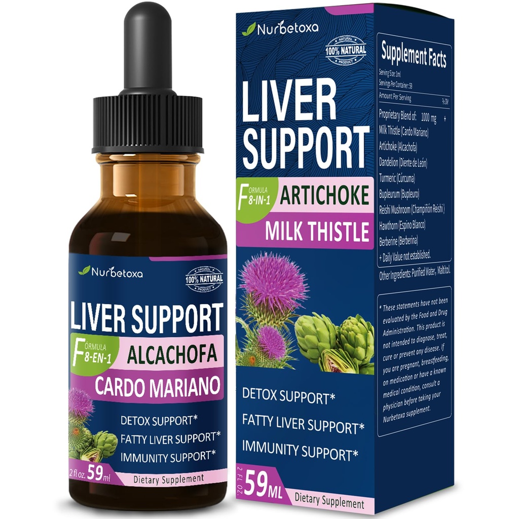 Mælk Thistle & Artichoke Extract Lever Support Drops til fede lever, Alcachofa, Curcuma y Cardo Mariano para el Higado Graso, Berberina para Bajar de Peso, lever Detox & Repair Formula.2oz