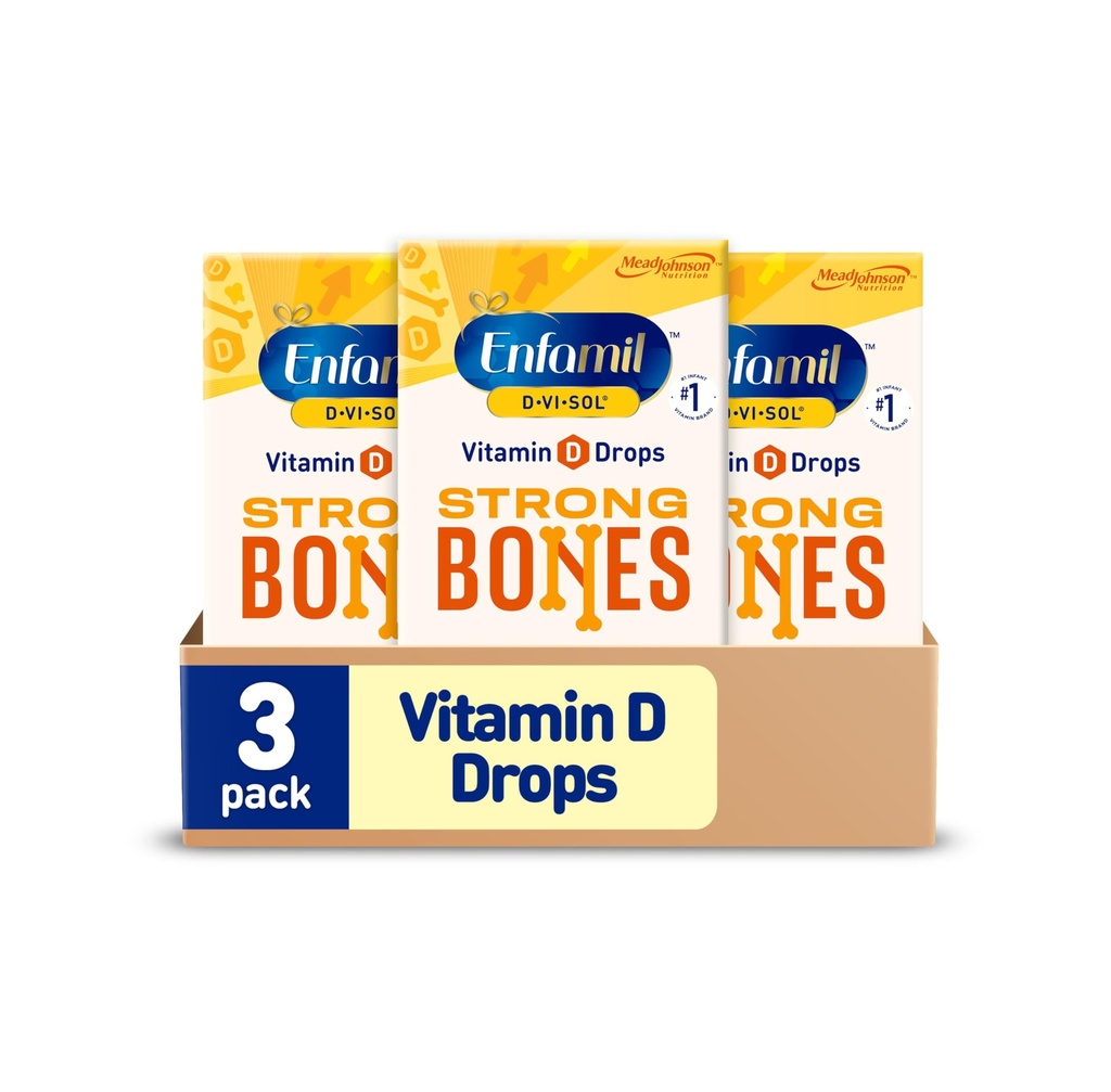 Enfamil Baby-vitamin D- Vi- Sol D-vitamin Liquid Supplement dråber til spædbørn, Støtte stærke tænder & knogler i nyfødte babyer, Easy- to- brug, Gluten- Free, 50 ml dråbetæller flaske, pakke med 3