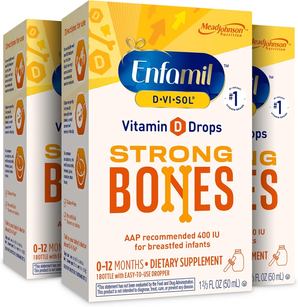 Enfamil Baby-vitamin D- Vi- Sol D-vitamin Liquid Supplement dråber til spædbørn, Støtte stærke tænder & knogler i nyfødte babyer, Easy- to- brug, Gluten- Free, 50 ml dråbetæller flaske, pakke med 3