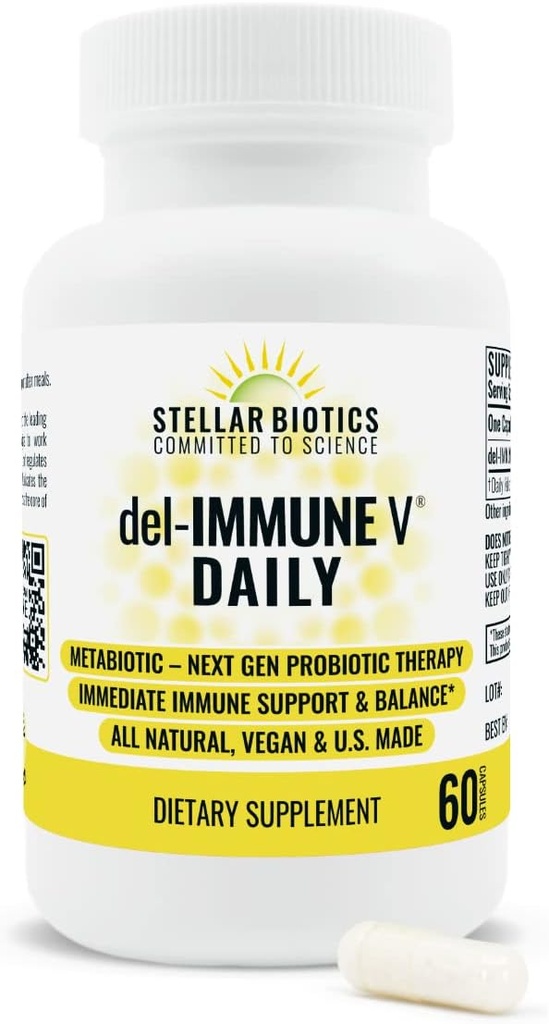 Del- immunV Dagligt af Stellar Bioteknologi, All- Natural immunforsvar & Gut Health, Øjeblikkelig omhu, Metabiotisk: NextGen Probiotisk terapi (60 Caps)