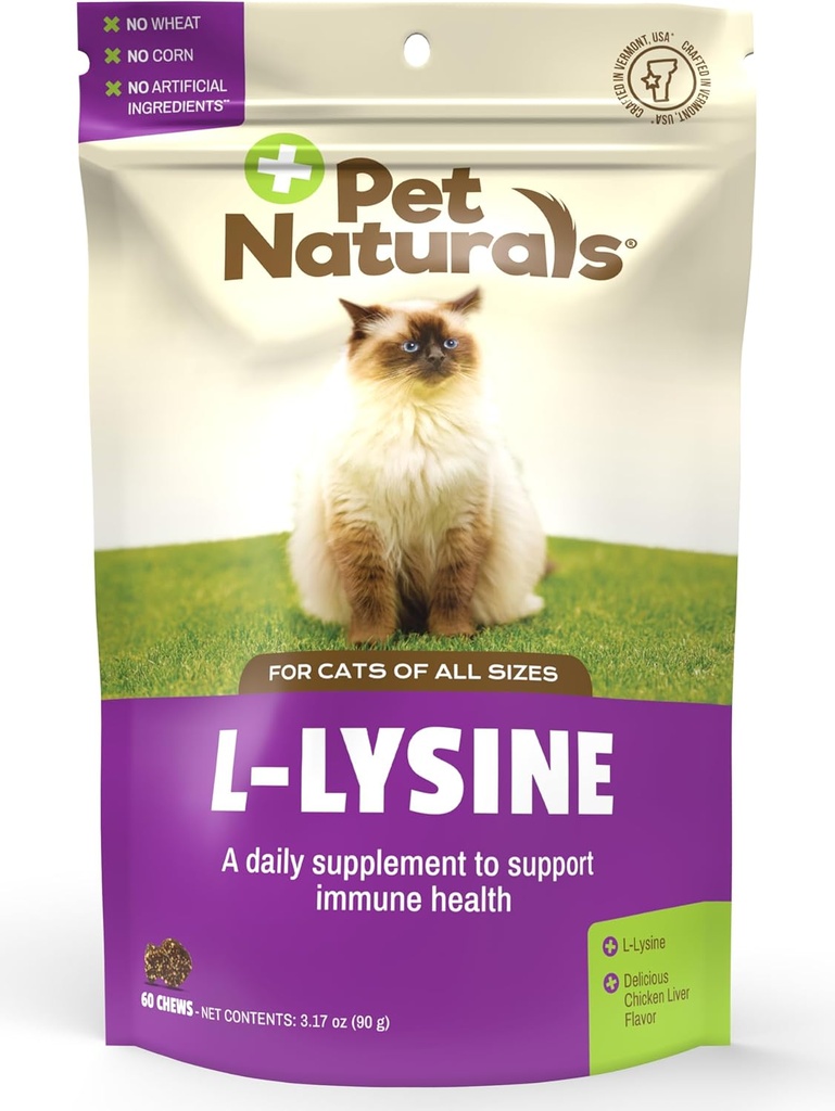Pet Naturals Lysin til katte, kylling flavor, 60 Chews - Immun og åndedrætsværn til katte - Ingen hvede eller majs - Vet Anbefalet