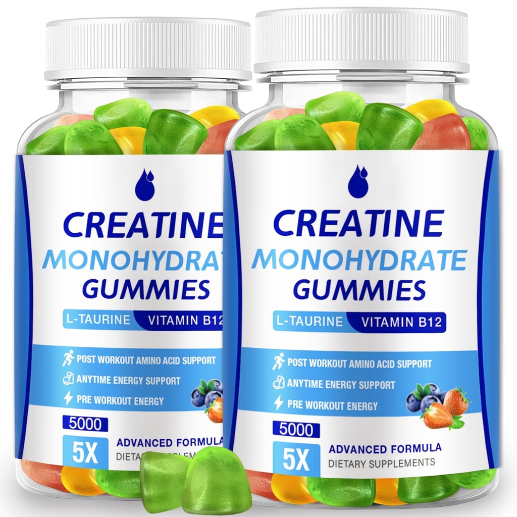 Creatin monohydrat Gummies 5000mg Creatin for kvinder & mænd 2 Pakker, Creatin monohydrat Chew for Boost Focus, Muskelstyrke, 5g Creatin monohydrat per servering, Sukker fri, Vegan