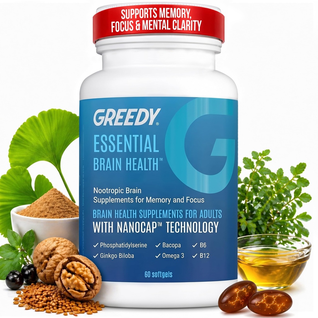 Nootrop Brain Supplements for Memory and Focus - Brain Health Supplements for Voksnes with NanoCap ® Technology, Phosphatidylserin, Bacopa, Ginkgo Biloba, Omega 3, B6 B12, 60 Softgel by Greedy ®