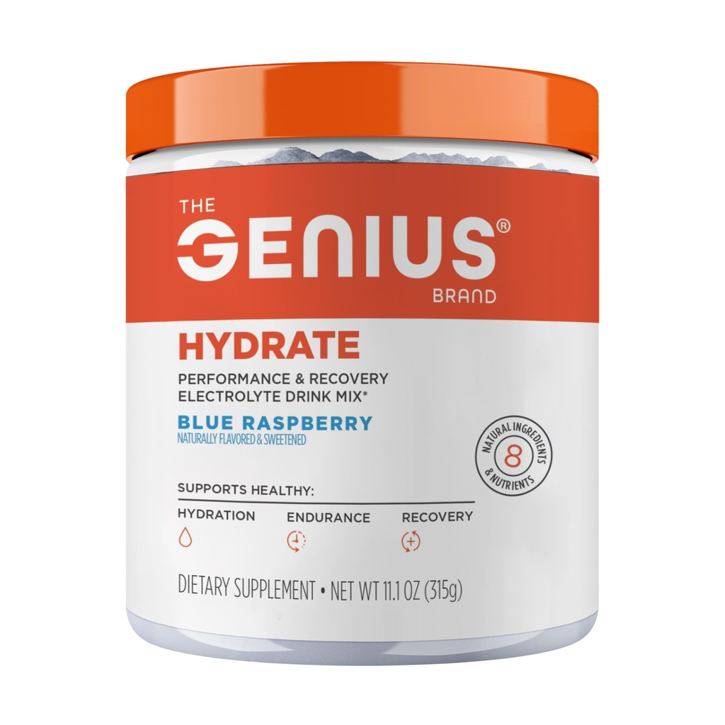 The Genius Brand Genius Hydrate - Elektrolyte supplement til daglig hydrering - kokos vand - sukkerfri - 8 essentielle mineraler & næringsstoffer - ikke-GMO - Blå Hindbær - 50 Servere