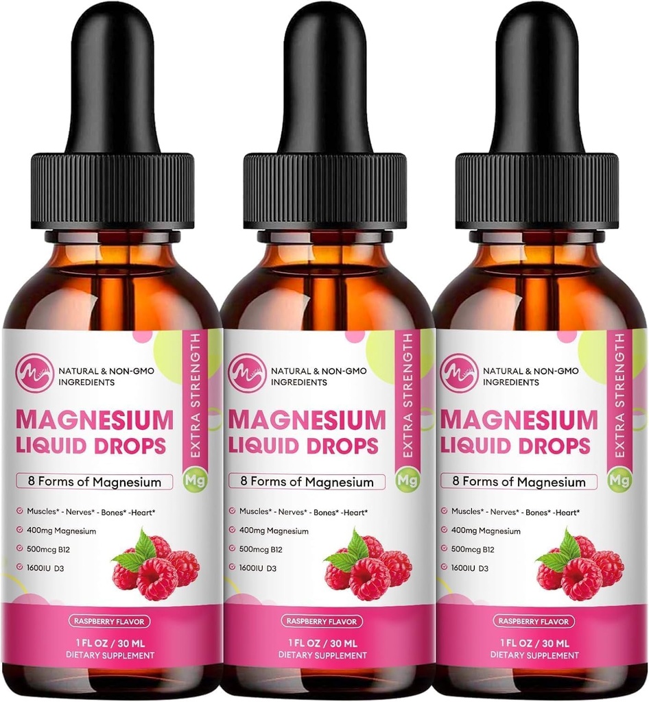 (3 Pack) Magnesium flydende dråber - 8 i 1 Magnesium kompleks tillæg med Magnesium glycinat, Citrat, Malat, Taurat, for hjerne, nat, muskel, ben, kramper, Raspberry Flavor