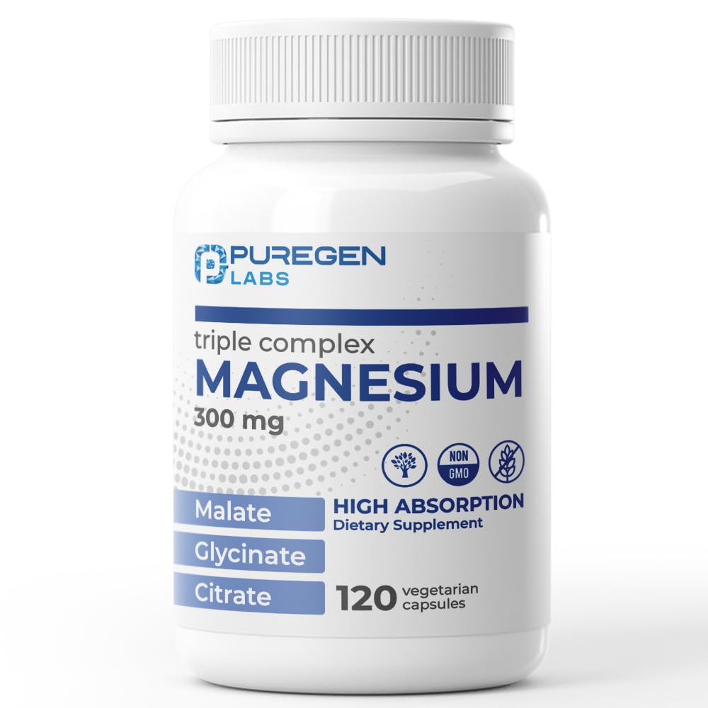 Puregen Labs Triple Magnesium Complex 300 mg Magnesium Glycinat, Malat, & Citrate [Høj Absorption] 120 Veg Kapsler 124; Ingen Farlige Tilsætningsstoffer • 124; Non- GMO, NO Gluten og Dairy • 124; Fremstillet i USA