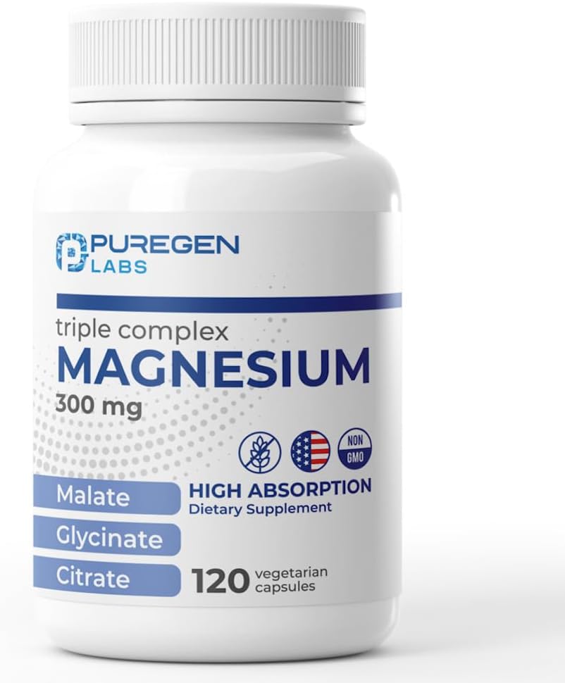 Puregen Labs Triple Magnesium Complex 300 mg Magnesium Glycinat, Malat, & Citrate [Høj Absorption] 120 Veg Kapsler 124; Ingen Farlige Tilsætningsstoffer • 124; Non- GMO, NO Gluten og Dairy • 124; Fremstillet i USA