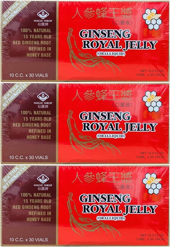 3 æsker Magic Drop Ginseng Royal Jelly (30 hætteglas), Total 90 hætteglas