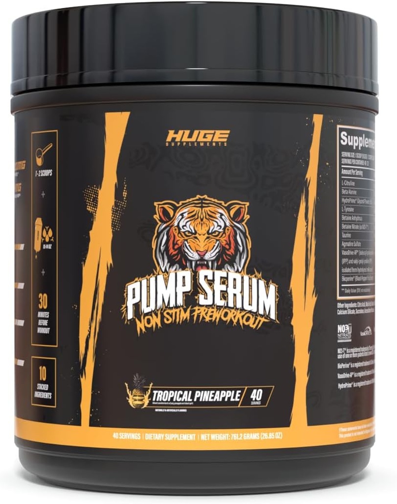 Kæmpe Kosttilskud Pump Serum, Stim Free Pre Workout og nitrogenoxid Booster til at øge fokus, Pumper, Fulness med ingen koffein, L-Citrullin, GlycerPump, L-Tyrosin, Nitrosigine (Tropical Pineapple)