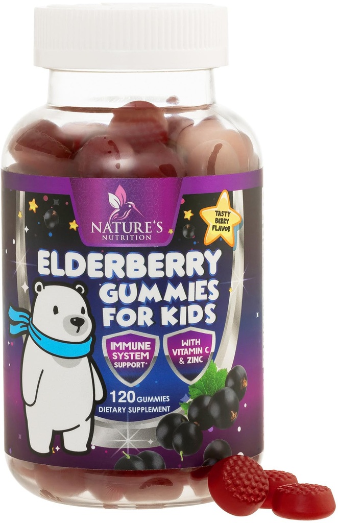 Kids Immunity Support Elderberry Gummies - Daily Children 's Vitamin C, Zink & Kids Immunity Support Gummy - Nature' s Sambucus Elderberry Supplement, Vegan, Gluten- Free, Tasty Berry Flavor - 120 Gummies