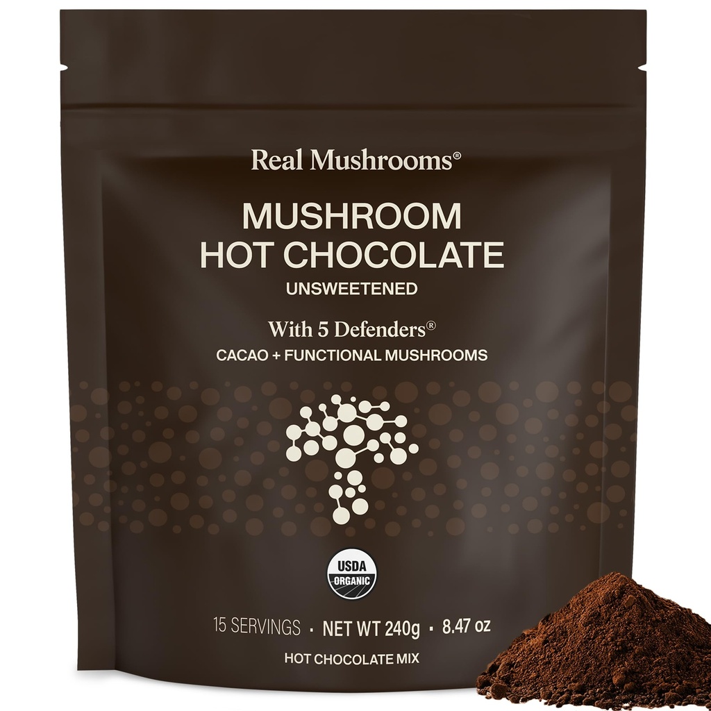 Real Mushrooms Unsweetened Hot Chocolate Mix with 5 Defenders – Reishi, Chaga, Turkey Tail, Maitake, Shiitake – Coco Powdered Unsweetened – Organic Cacao Powder Supplement, Vegan, 15 Servings