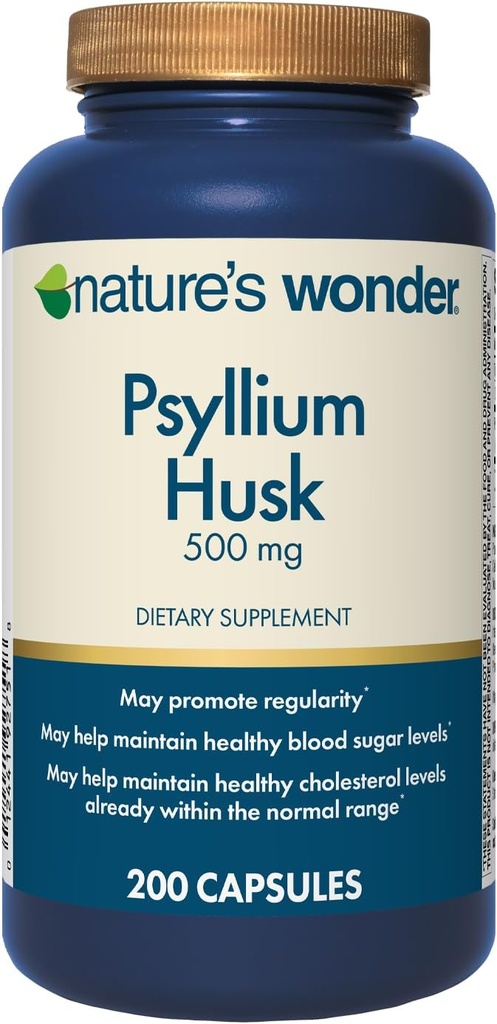 Nature 's Wonder Psyllium Husk 500 mg kapsler til fordøjelse, Plant- baseret fiber, 200 Greve