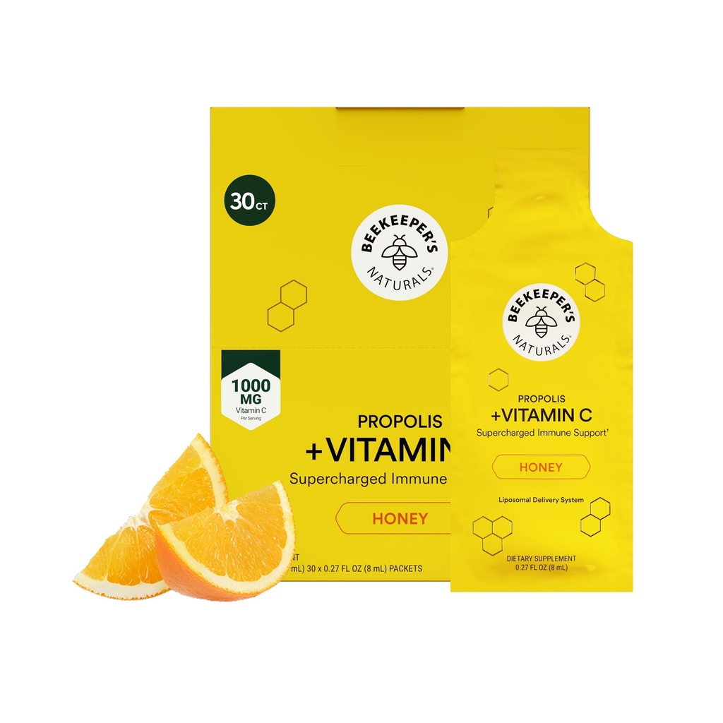 Propolis Liposomal C-vitamin fra Beekeeper 's Naturals, 1000mg C-vitamin, Propolis & Organic Honey, Supercharged immunsupport & Øget biotilgængelighed for Max Absorption, 30 Ct