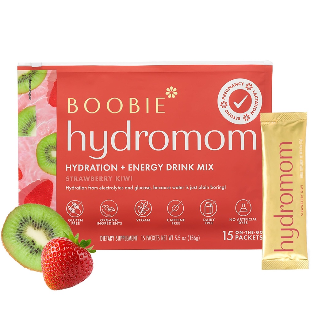 Boobie Hydromom Superfood Electrolyte Drink Mix, Strawberry Kiwi Budding 124; Forfriskende Energi & Hydration Boost til Mama Buddy 124; On- The- Go & Travel Essentials for Graviditet, Amning, & Beyond, 15 Pakker