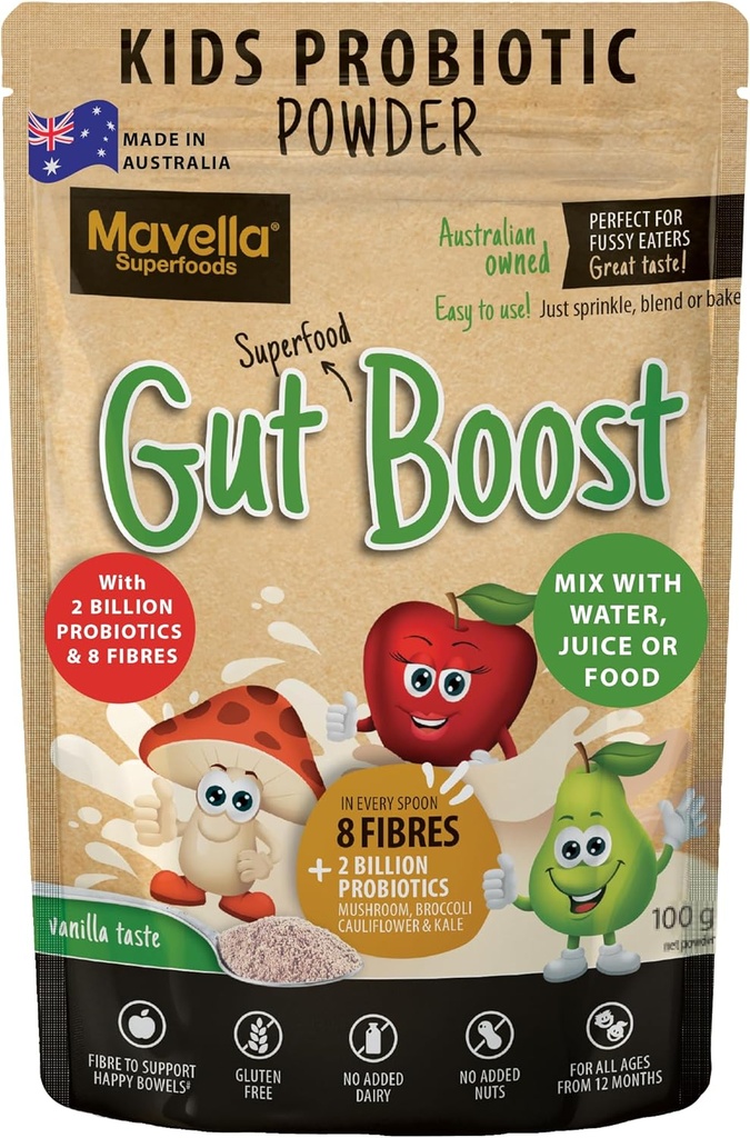 Kids Probiotic Powder Gut Boost - Daglig fordøjelses- og immunstøtte med fibre til børn Toddlers, Vanilla Flavored Fiber Supplement, Easy Mix til Forstoppelse & Gut Sundhed 3.52oz (100g)