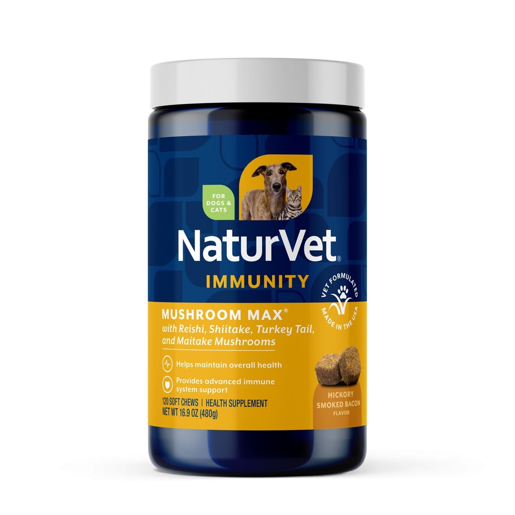NaturVet Mushroom Max Advanced Immunsupport Dog Supplement - Hjælper Styrke Immunitet, Samlet Sundhed for Hunde - Inkluderer Shitake Mushrooms, Reishi, Tyrkiet Hale - 120 Ct.