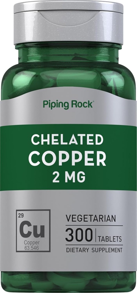 Piping Rock Chelated Copper 2 mg Supplement: 124; 300 tabletter: 124; Vegetarisk, Non- GMO, Gluten Free