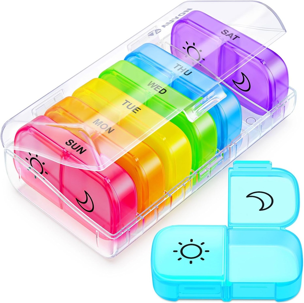 AUVON XL Weekly Pill Organizer 2 gange om dagen med stor åbning for nem påfyldning, AM PM Pill Box 7 dag i Rainbow farver, Bærbar rejse pill sag for medicin, Vitaminer, fiskeolier, kosttilskud