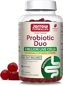 Jarrow Formulas Probiotic Duo, 3 milliarder levende celler supplement til immunforsvar og fordøjelsesstøtte, 60 Raspberry Flavor Probiotic Gummies, 30 dages forsyning (pakke med 12)