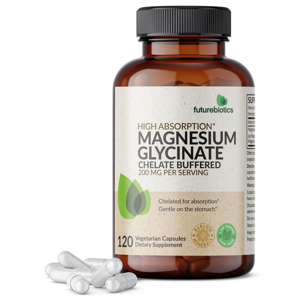 Fremurebiotika Magnesium Glycinat 200 MG per servering Chelated for High Absorption, Gentle On Mave, Non- GMO, 120 Vegetariske kapsler