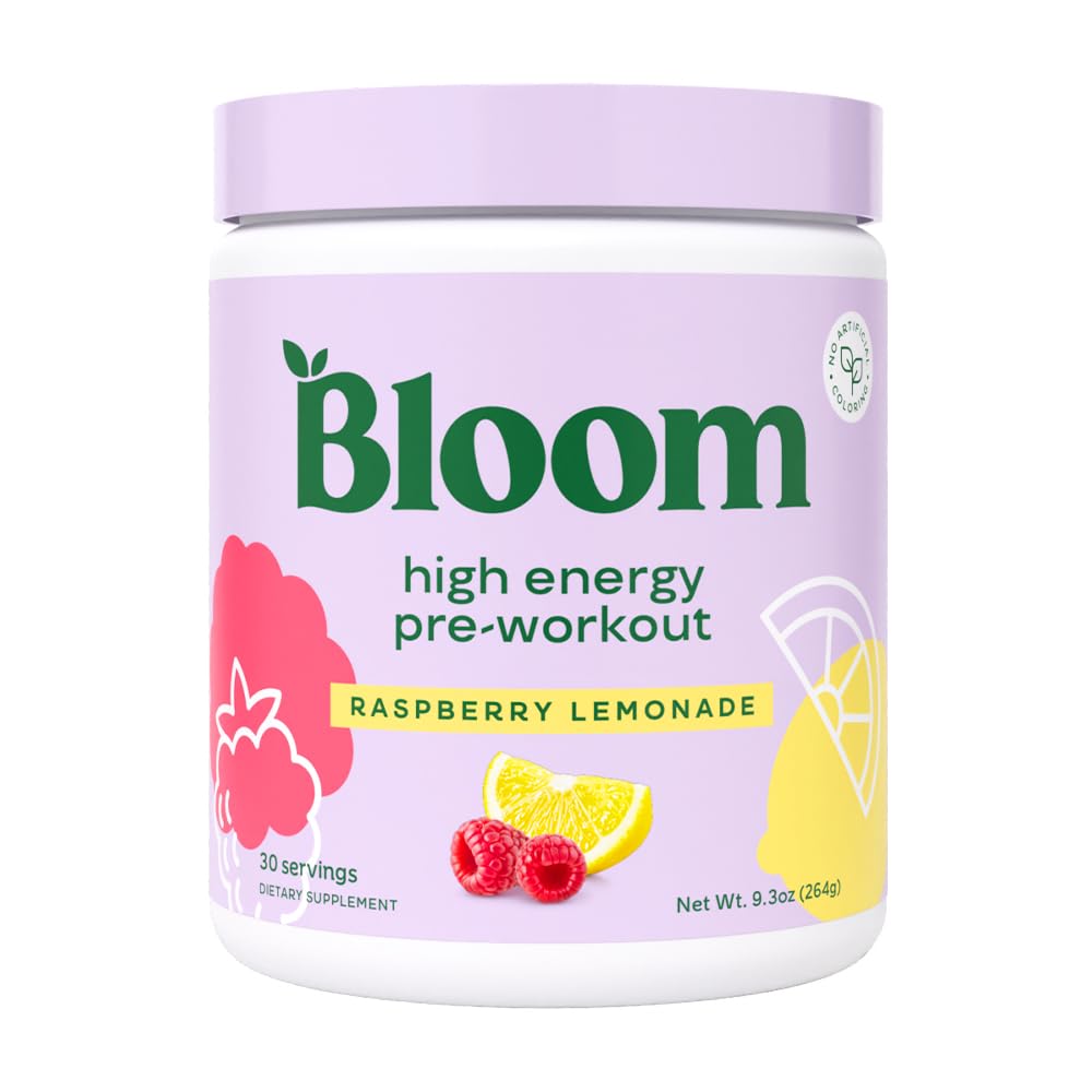 Bloom Nutrition High Energy Pre Workout med Beta Alanine, Ginseng og L Tyrosin for Amino Energy, Natural Koffein Powder fra Green Tea Extract, Keto, Sukker Free Drink Mix, Raspberry Lemonade