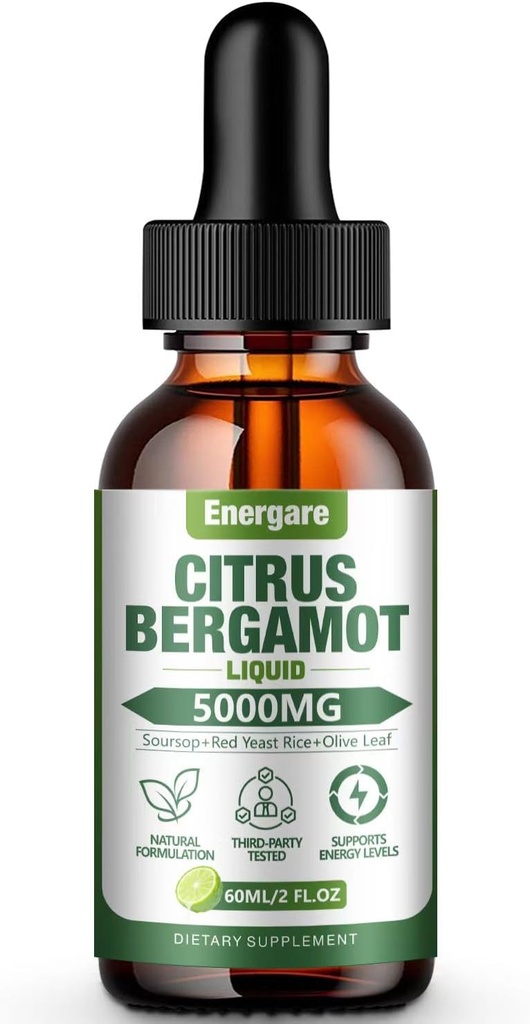 1 Pack 5000MG Citrus Bergamot Liquid Drops Supplement for High Cholesterol- Soursop, Red Yeast Rice, Olive Leaf- All- Natural, Health Support, Immunsupport, Heart Health & Antioxidant, 2 Fl Oz
