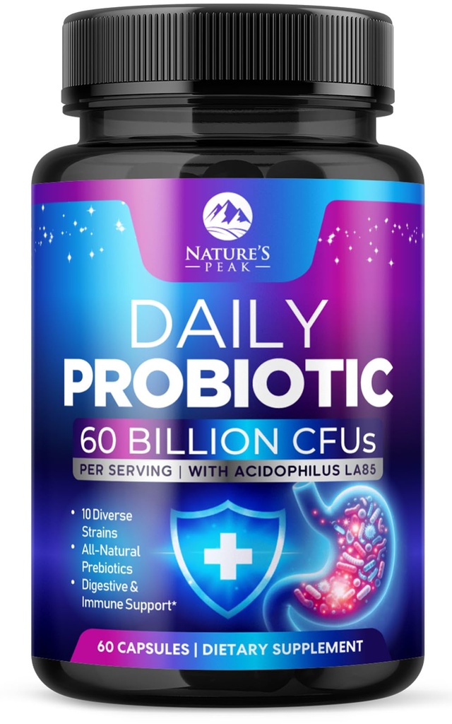 Probiotika 60 Millioner CFU - 10 Strops + fordøjelsesenzymer & Prebiotika - Bedste Probiotika for kvinder & mænd, understøtter immunforsvar, Gut sundhed, lejlighedsvis obstipation, Diarré, Gas & Bloating - 60 Kapsler