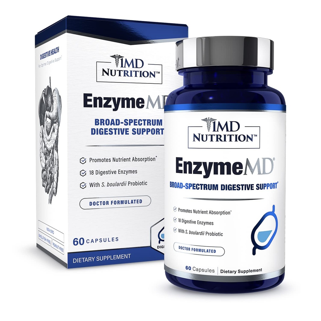 1MD Nutrition EnzymMD - fordøjelige enzymer supplement - Læge Formuleret • 124; 18 Plantebaserede enzymer - Gas & Bloating Support • 124; 60 kapsler