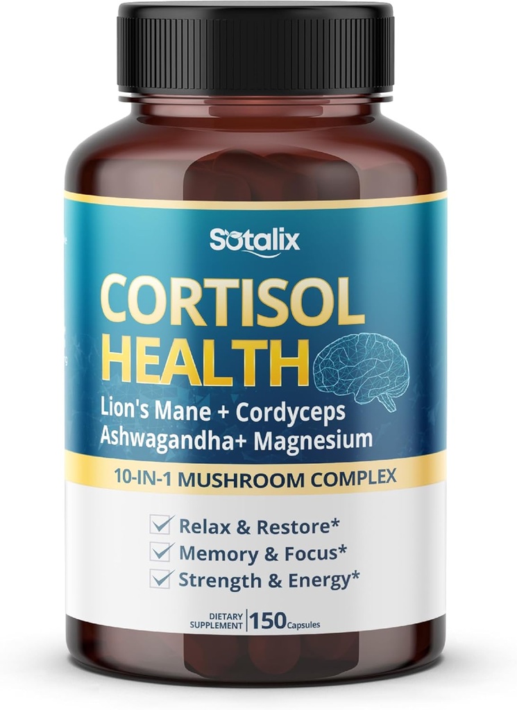Cortisol Health Supplement med Magnesium, Ashwagandha, Lions Mane & 10 Mushroom Complex - Afslapning, Focus & Energy Support - 150 kapsler - Sotalix - USA Made, GMO- Free