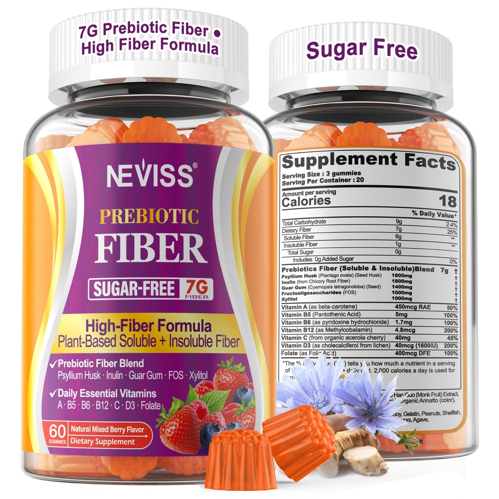 1Pack Fiber Gummies for voksne med Psyllium Husk, 7G (Opløselig + uopløselig) Daglig Prebiotic Fiber med Inulin, FOS, Guar Gum, Multivitaminer til daglig fordøjelse, regularitet Gut Support, Sugar Free