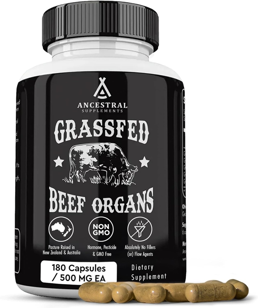 Ancestral Kosttilskud Græs Fed Oksekød supplement, Understøtter hele kroppen Wellness med Proprietary Blend of Lever, Heart, Nyre, Pancreas, Milt, Frysetørret Oksekød, Non- GMO, 180 Kapsler