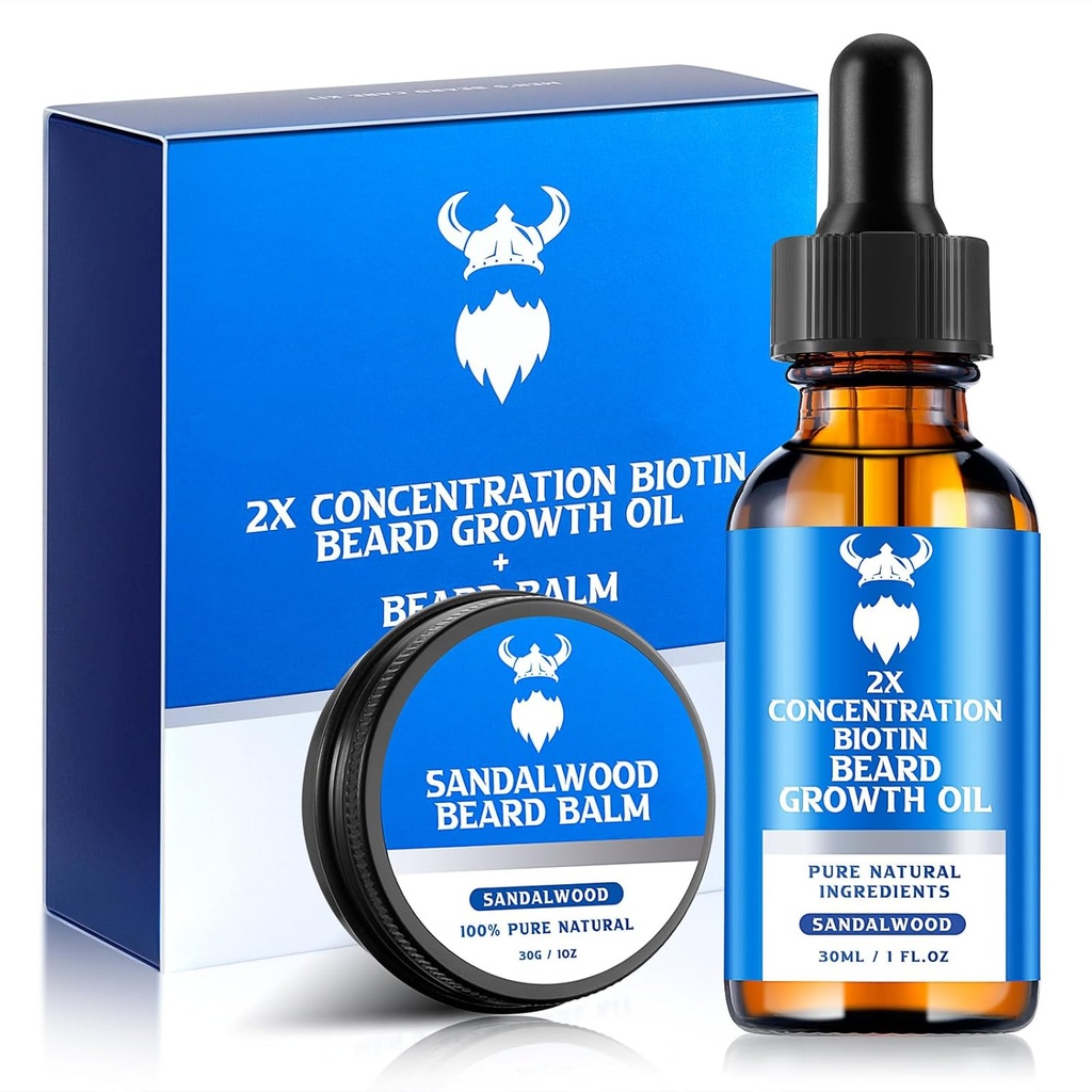 Beard Growth Oil & Beard Balm - Beard Growth Kit med 2X Koncentration Biotin til mænd, naturlige ingredienser med Argan Oil, Jojoba Oil og Vitamin (Sandalwood)