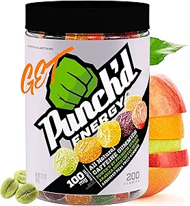 Punch 'd Energy Natural Koffein Gummies (200 Count Value Jar) 100 mg Koffein per 10 Gummies, Clean Label, Ultra Low Glycemic, Low Calorie, C-vitamin