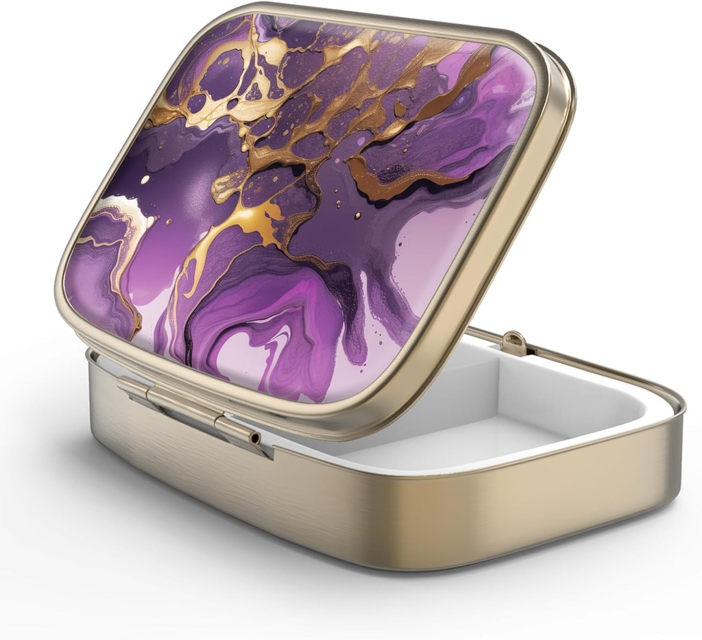 Pill Case Pill Box med spejl Retro 2 Segment Lille Pill Case til purse eller Pocket Bronze Rektangulær Pill Box eller Vitaminer, Fiskeolie, Kosttilskud, Pill Containe Rejse Gaver Guld Marmor
