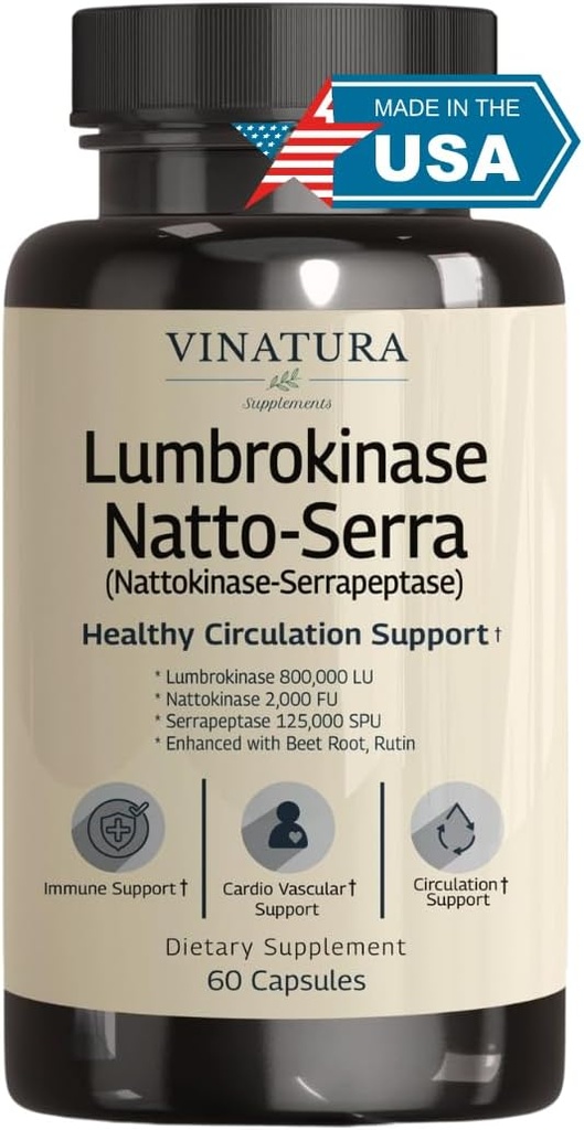 VINATURA Lumbrokinase, Nattokinase 2000FU & Serrapeptase - USA Made & Tested, Circulations Supplements of Nattokinase Serrapeptase (Natto- Serra), Rutin, Beetroot, Lumbrokinase Supplement