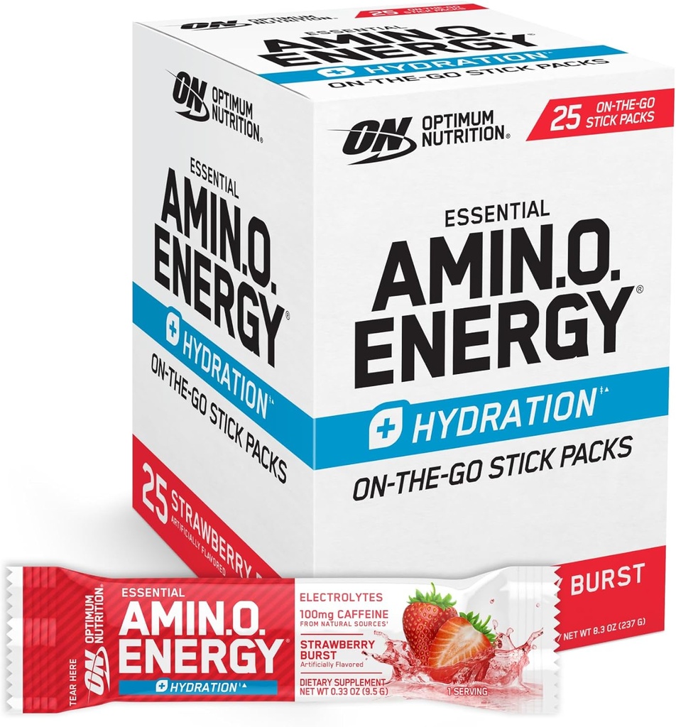 Optimum Nutrition Amino Energy Plus Hydration Pakker, On- The- Go Energy Powder Stick Packs, Strawberry Burst, 25 Greve