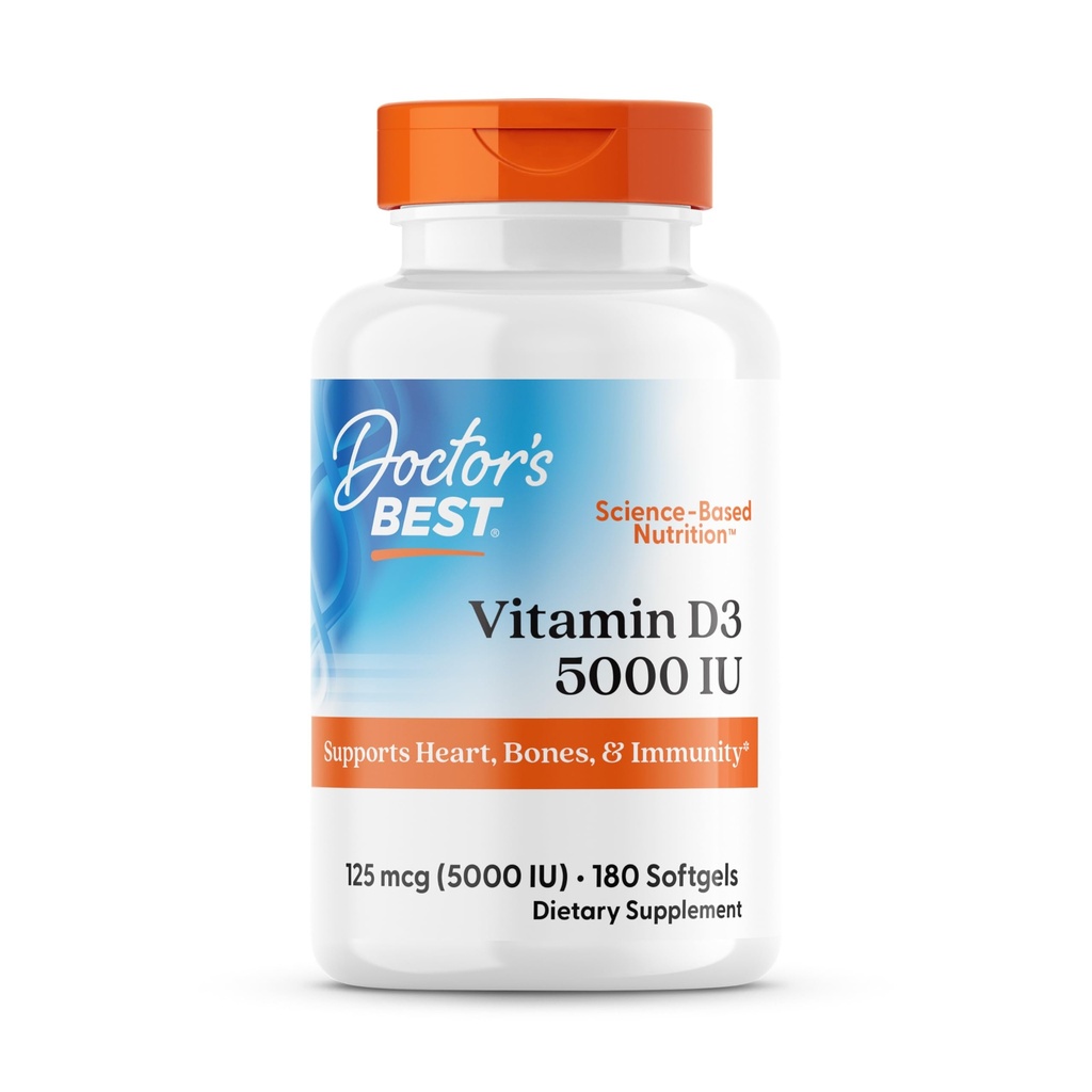 Doctor 's Best Vitamin D3 5000IE, Non- GMO, Gluten & Soy Free, Regulerer immunfunktion, understøtter sunde knogler, hvid, ingen smag, 180 Greve