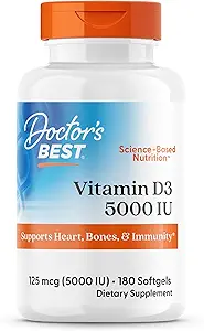 Doctor 's Best Vitamin D3 5000IE, Non- GMO, Gluten & Soy Free, Regulerer immunfunktion, understøtter sunde knogler, hvid, ingen smag, 180 Greve
