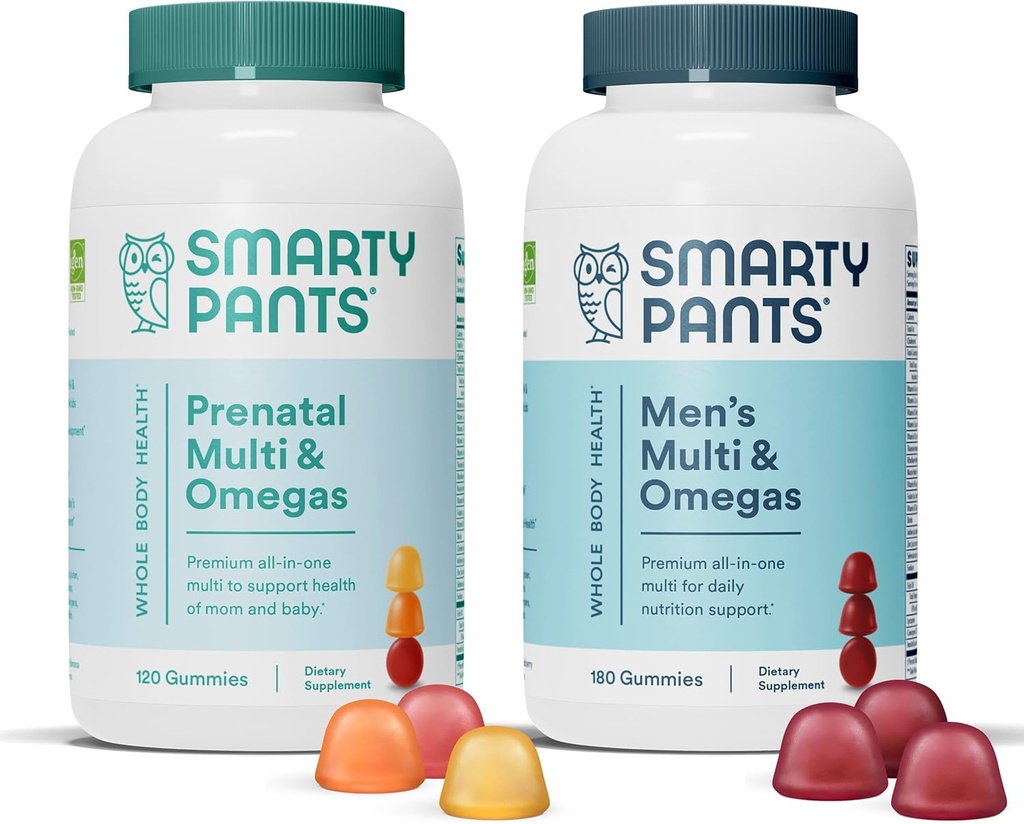 SmartyPants Prenatal og Mænds Multivitamin Gummies Bundle: Omega 3 Fish Oil (EPA / DHA), Biotin, Methylfolat, Vitamin D3, C, vitamin B12, B6, A, K & Zink til immunforsvar (30 dages forsyning)